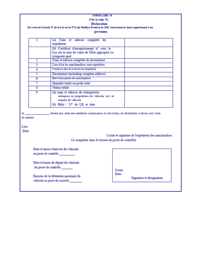 Formulaire 50 : Déclaration TVA Madhya Pradesh | PDF
