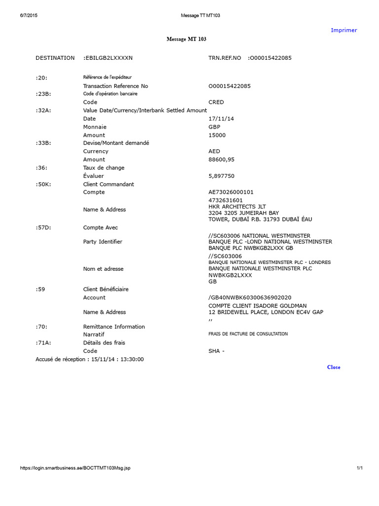 Détails d'une transaction MT103 GBP à AED | PDF | Banques | Argent