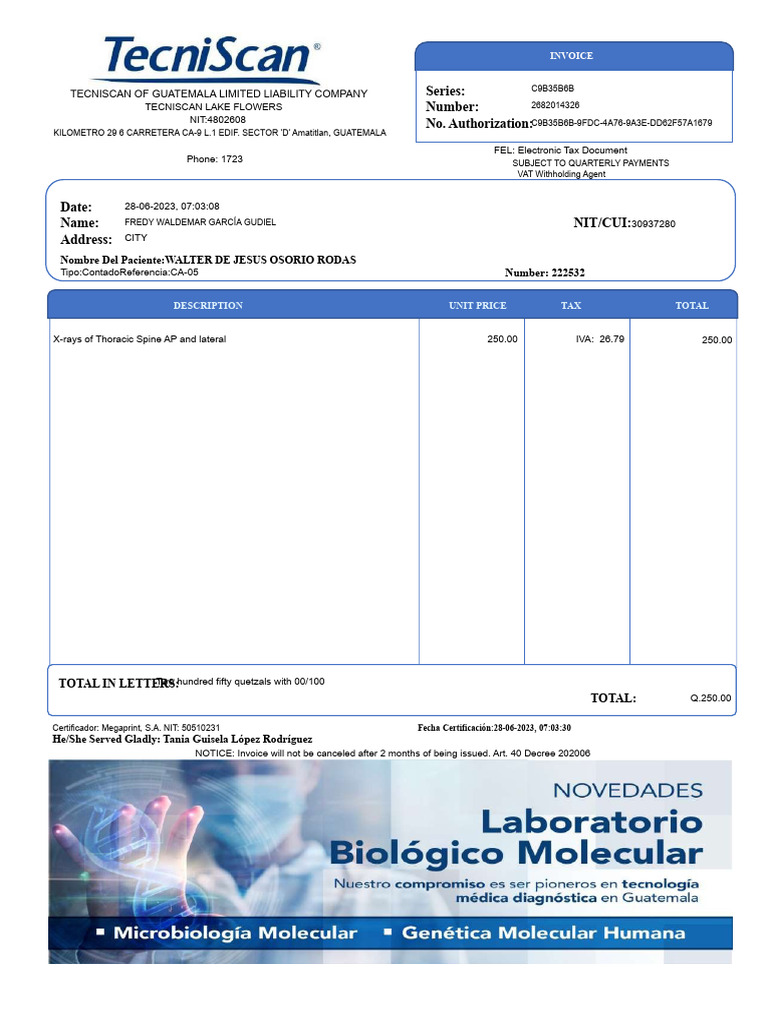 Invoice for X-ray Services in Guatemala | PDF