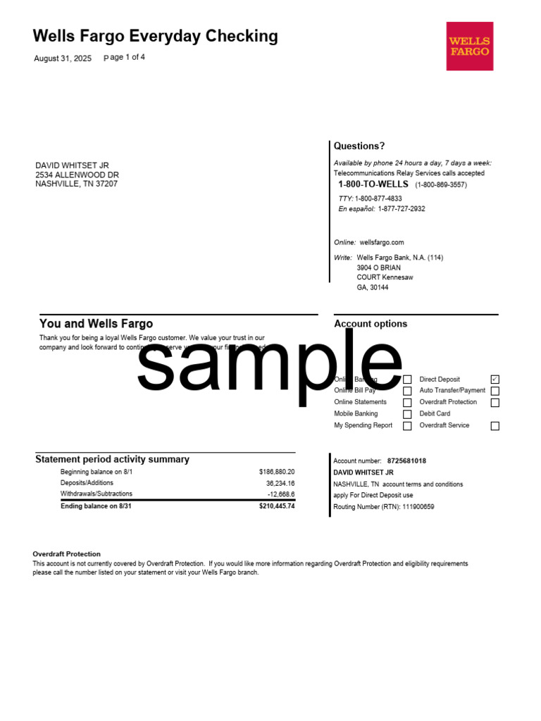 Wells Fargo Account Statement Summary | PDF | Overdraft | Fee