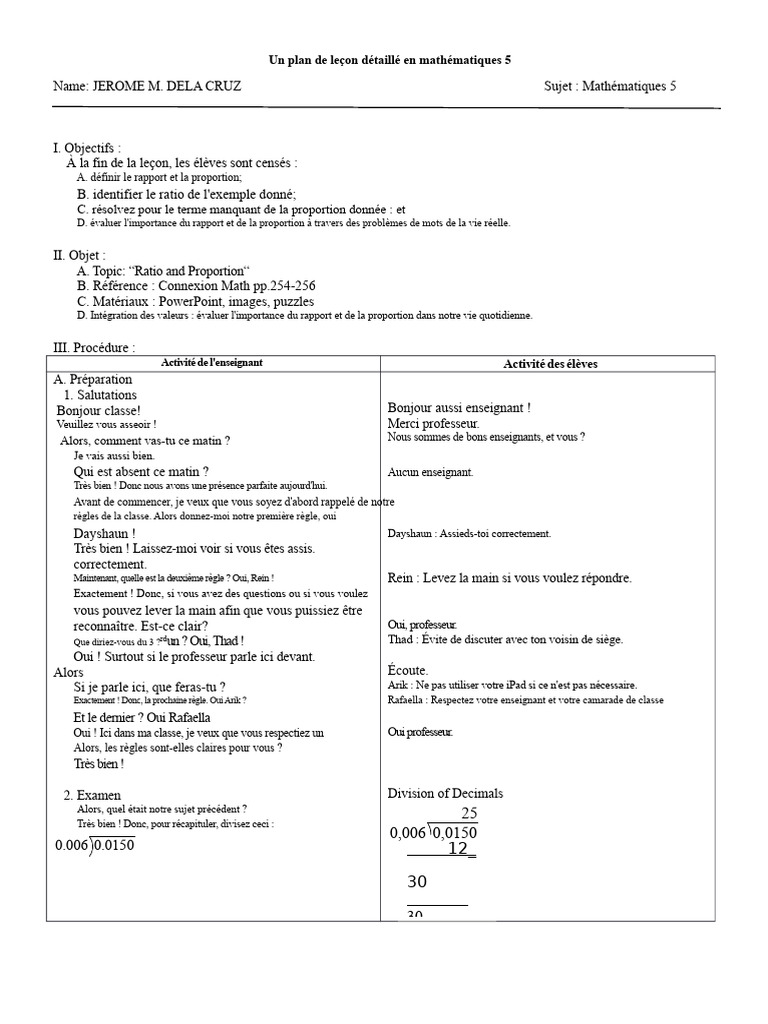 Plan de leçon : Rapport et Proportion en Math 5 | PDF | Arithmétique ...