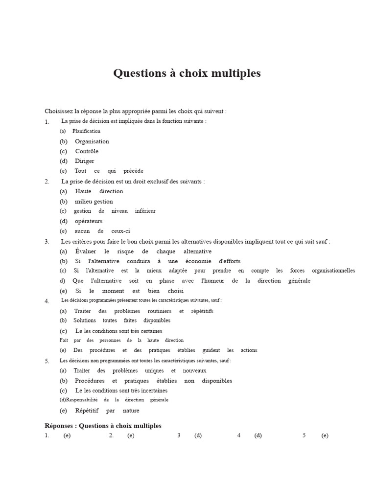 Questions à choix multiples sur la prise de décision | PDF | Choix multiple