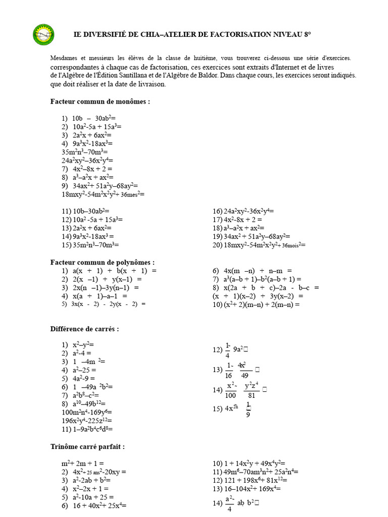 Atelier de Factorisation Niveau 8 | PDF | Algèbre | Algèbre générale
