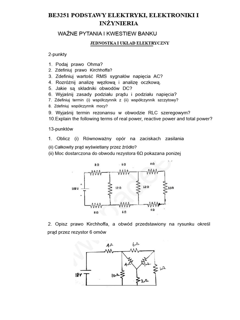 Be3251 Podstawy Inżynierii Elektrycznej I Elektronicznej | PDF
