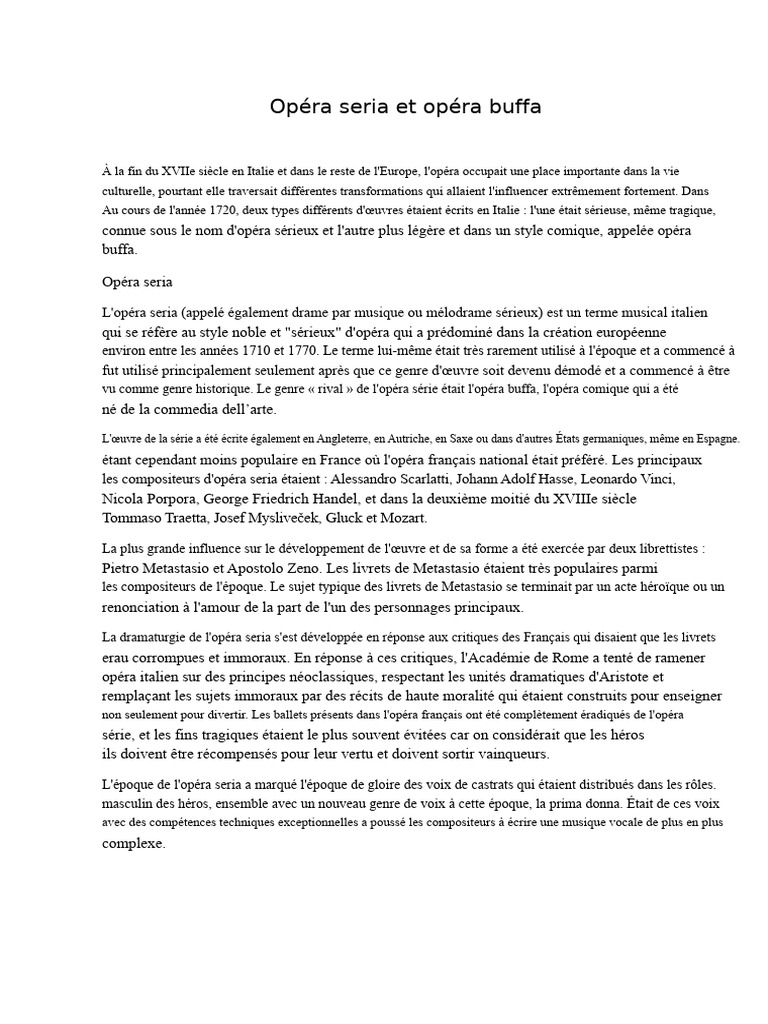 Opéra seria et opéra buffa : Évolution et Caractéristiques | PDF ...