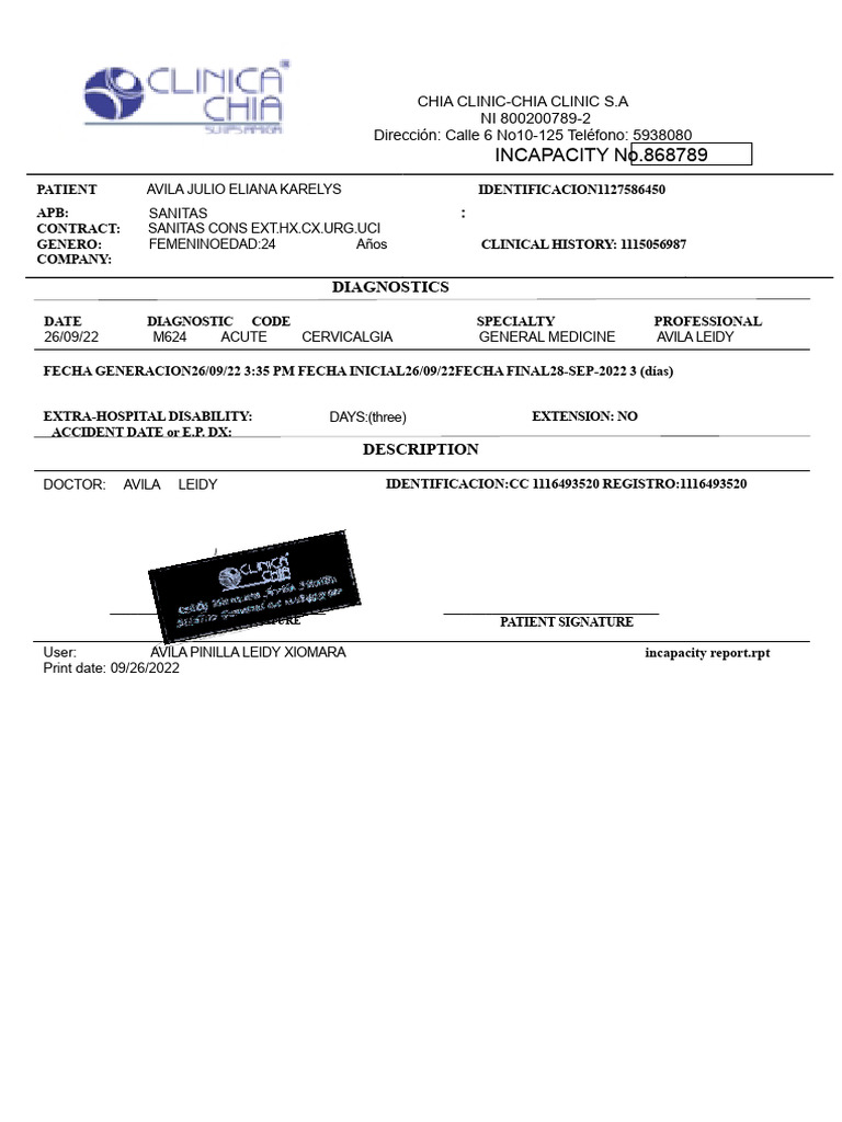 Medical Incapacity Report for Patient | PDF