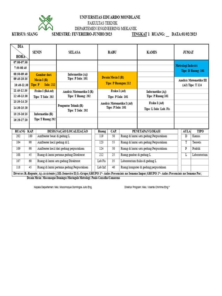 Jadwal Kuliah Teknik Mesin 2023 | PDF