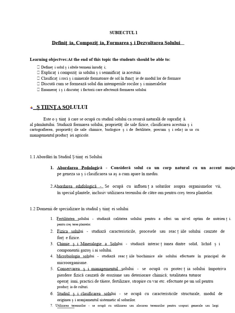 Tema 1 - Definiția, Compoziția, Formarea Și Dezvoltarea Solului | PDF