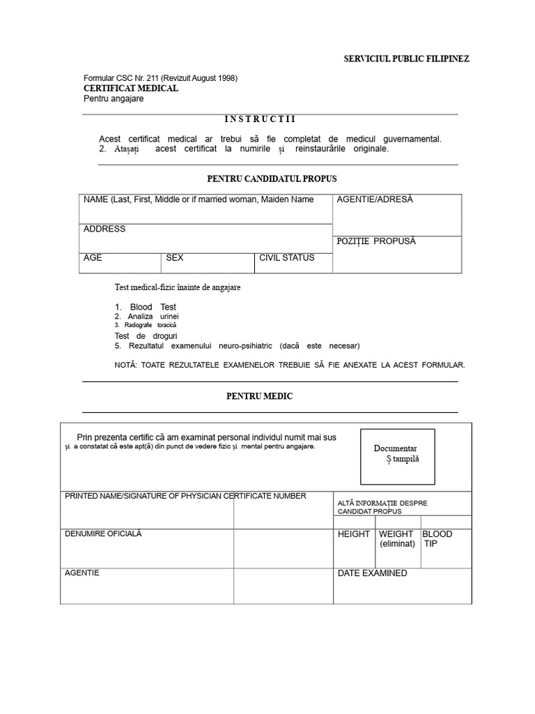 Formular CSC 211 - Certificat Medical PDF | PDF
