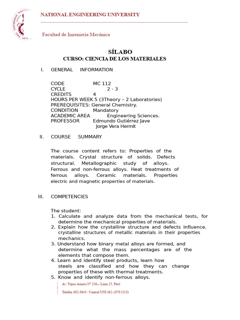 Materials Science Course Syllabus | PDF | Alloy | Chemistry