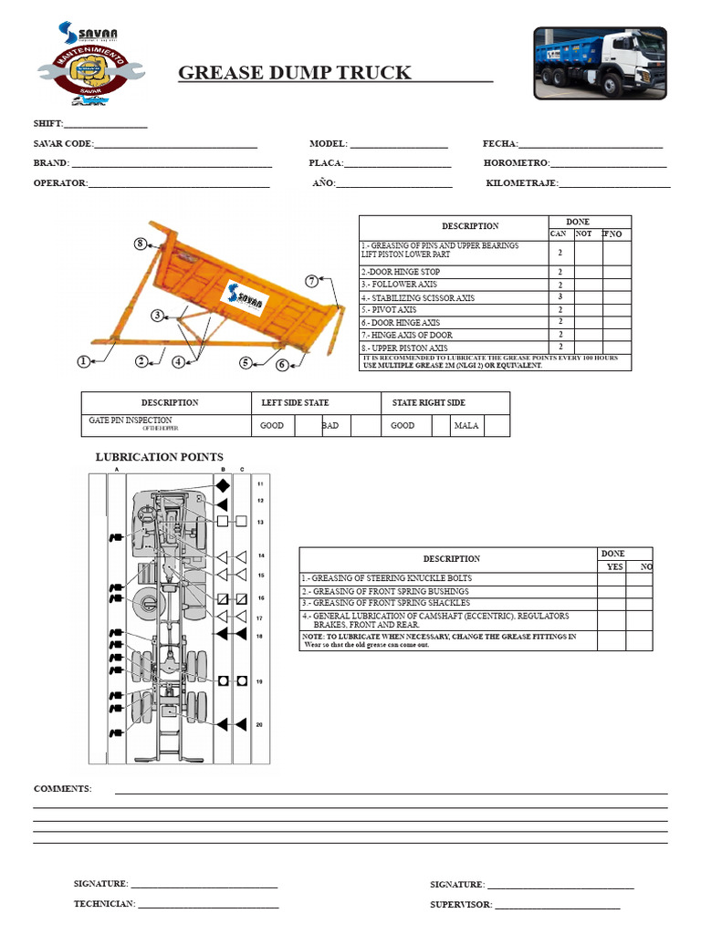 Grease Maintenance Checklist for Dump Truck | PDF | Truck | Land Vehicles