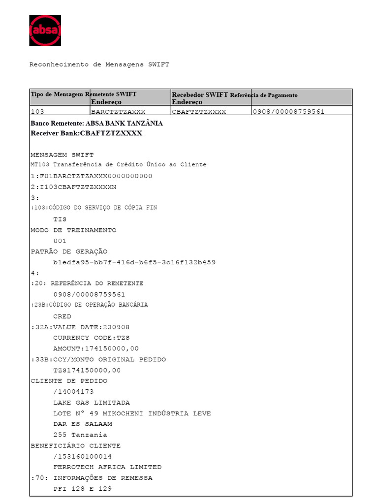 Mensagem SWIFT MT103 Detalhada | PDF