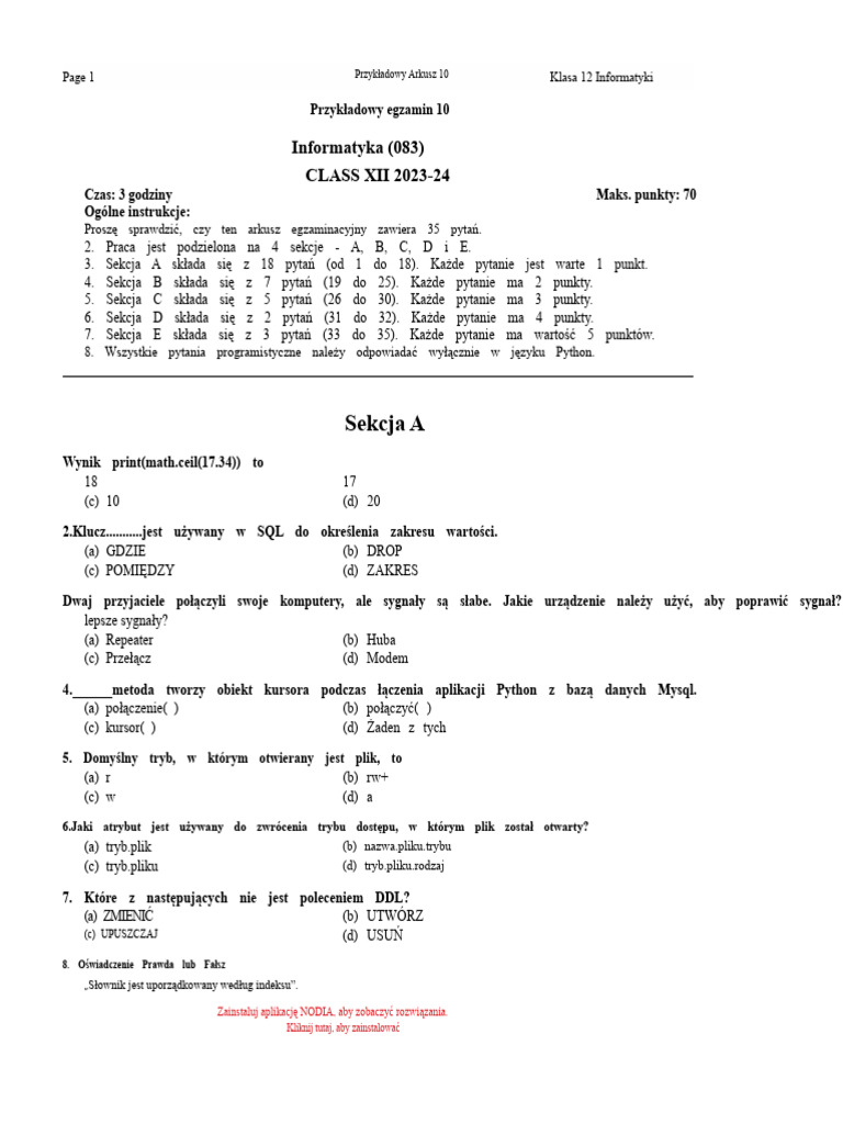 Przykładowy Egzamin CS 10 | PDF