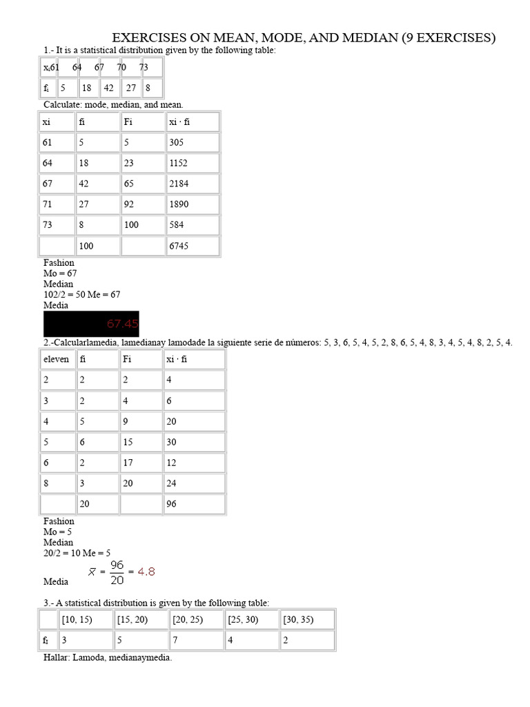 Exercises on Mean, Mode, Median | PDF | Mode (Statistics) | Mean
