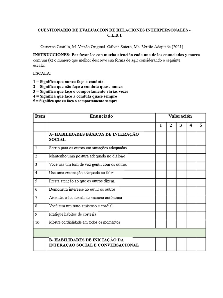 Questionário de Avaliação de Habilidades Sociais | PDF | Conceitos ...