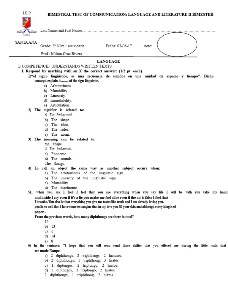 Communication Test: Language & Literature II | PDF | Genre | Linguistics