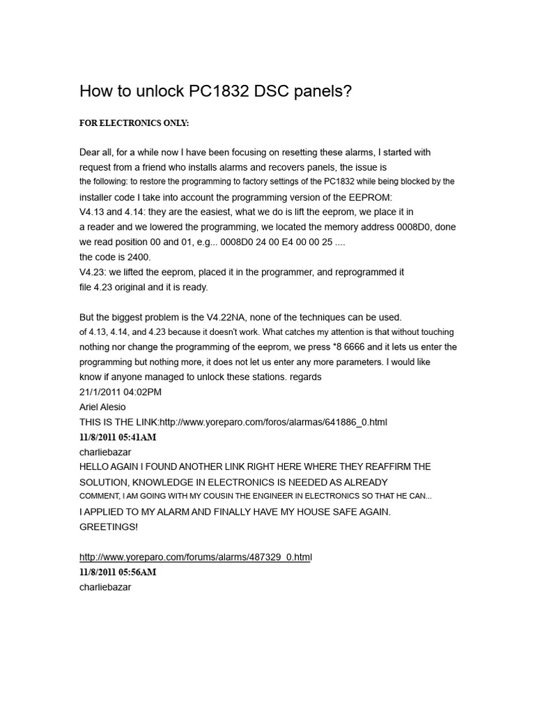 Unlocking PC1832 DSC Alarm Panels Guide | PDF | Computer Architecture ...