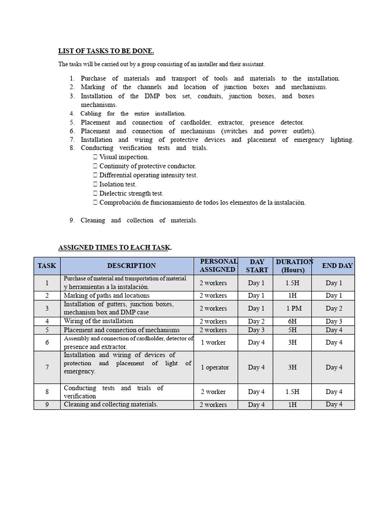 Installation Task List and Schedule | PDF | Electrical Wiring ...