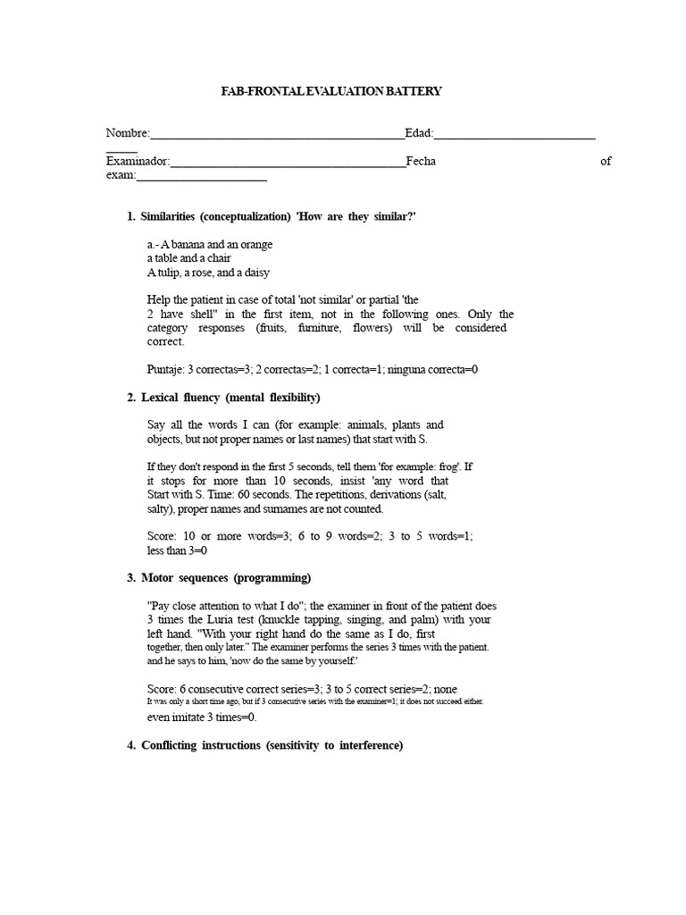 FAB Frontal Assessment Battery | PDF | Behavioural Sciences | Mental ...