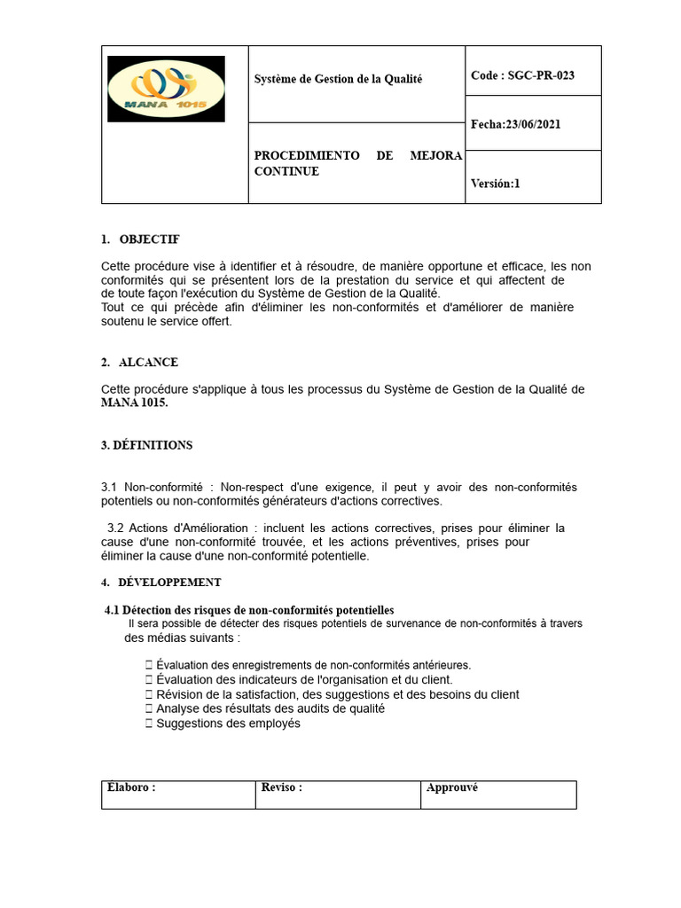 Procédure d'Amélioration Continue SGC | PDF | Système de management de ...