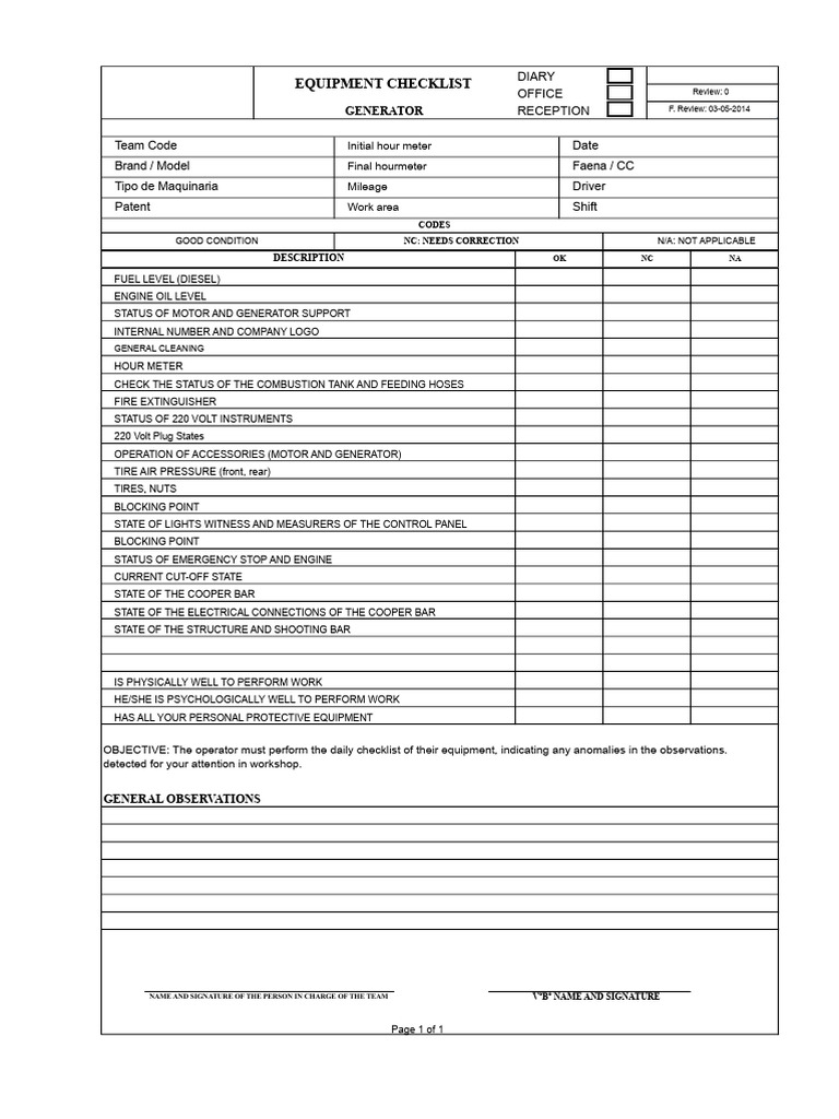 Daily Equipment Checklist for Operators | PDF
