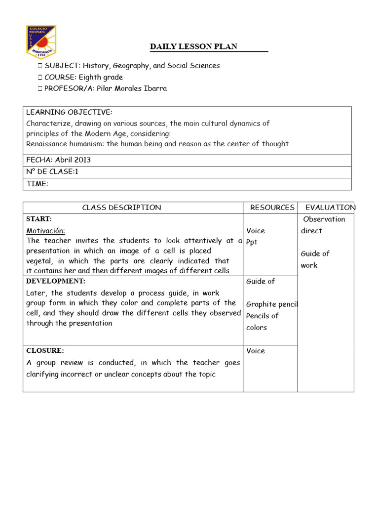 Daily Lesson Plan History Eighth Grade | PDF | Science | Lesson Plan