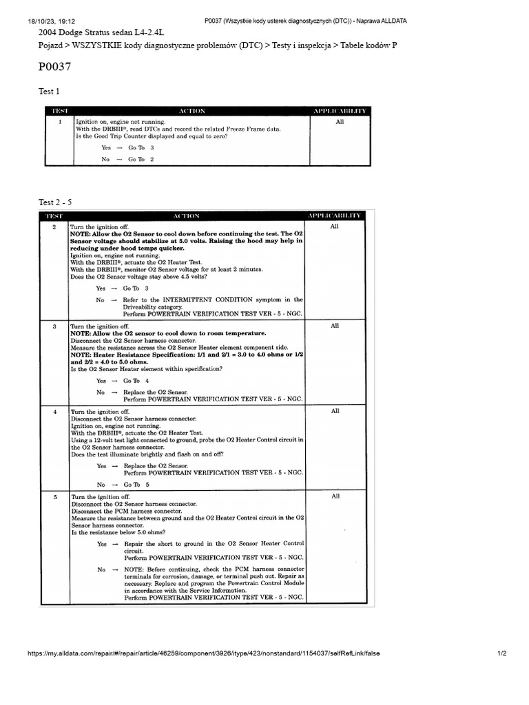 P0037 (WSZYSTKIE Kody Usterki Diagnostycznej (DTC) ) Stratus 2004 | PDF