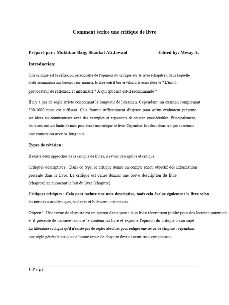 Guide pour rédiger une critique de livre | PDF