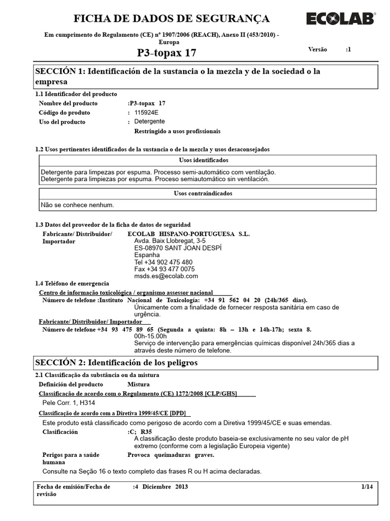 Ficha de Segurança do Detergente P3-topax 17 | PDF | Desperdício | Química
