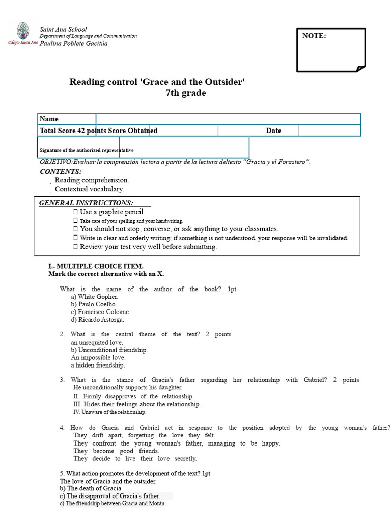 7th Grade Reading Comprehension Test | PDF | Multiple Choice | Writing