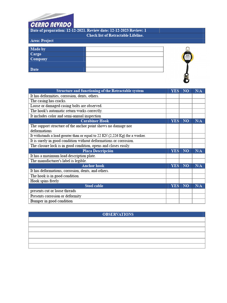Retractable Lifeline Inspection Checklist | PDF