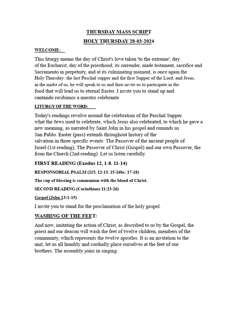 Holy Thursday Mass Script 2024 | PDF | Eucharist | Last Supper