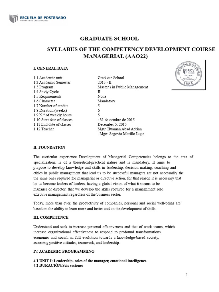 Managerial Competency Development Syllabus | PDF | Leadership ...