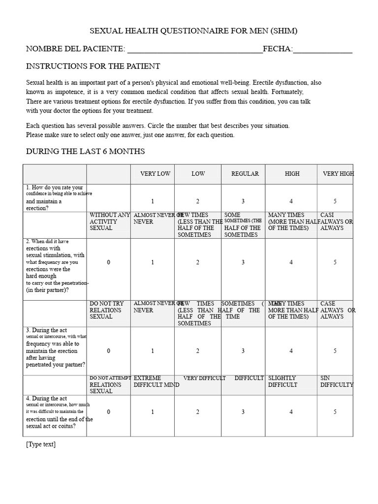 Men's Sexual Health Questionnaire (SHIM) | PDF | Sexual Intercourse ...