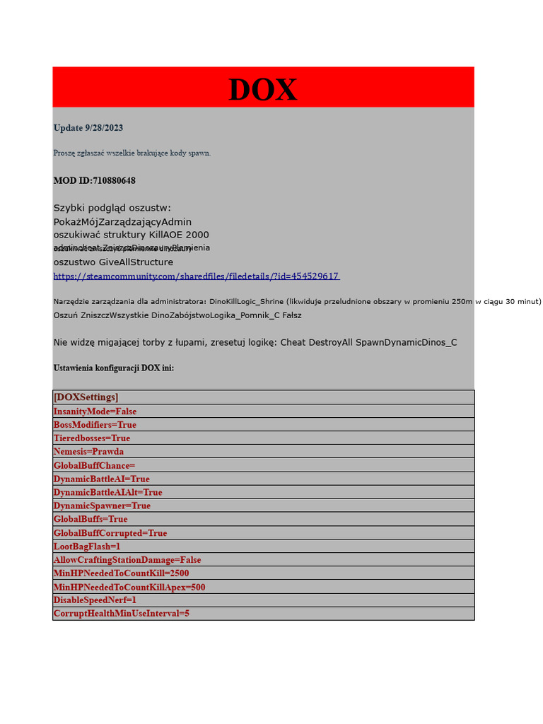 Oficjalne Kody Spawn DinoOverhaul | PDF