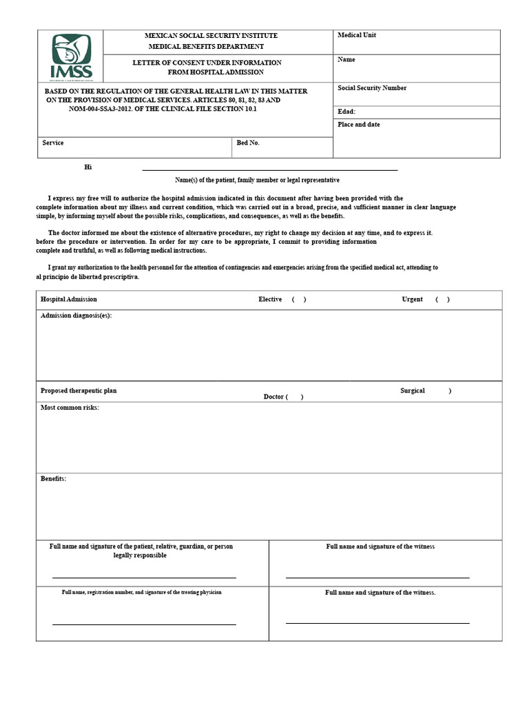 Medical Consent Form for Hospital Admission | PDF | Informed Consent ...