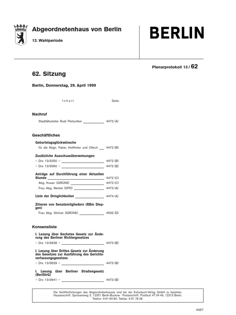 Plenarprotokoll Vom 29 April 1999 Des Berliner Abgeordnetenhauses