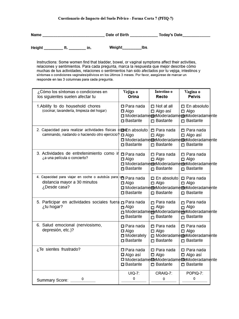 Cuestionario de Impacto Del Suelo Pélvico - Forma Corta 7 (PFIQ-7 ...