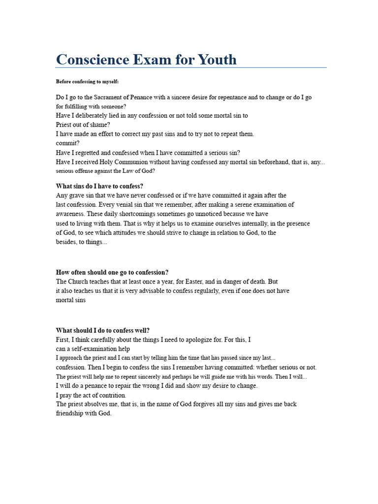 Youth Conscience Examination Guide | PDF | Confession (Religion) | Penance