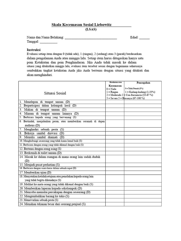 Skala Kecemasan Sosial Liebowitz (LSAS) | PDF