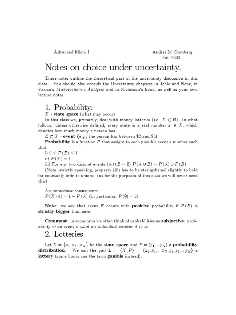 Notes On Choice Under Uncertainty | PDF | Risk Aversion | Utility