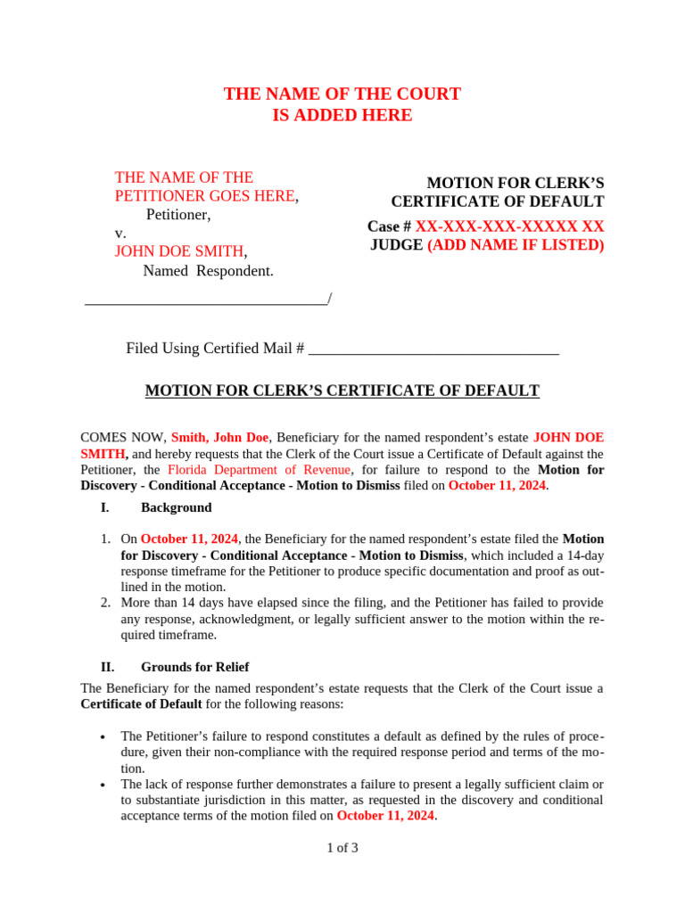 Motion For Clerk's Certificate of Default Template | PDF | Public Law ...