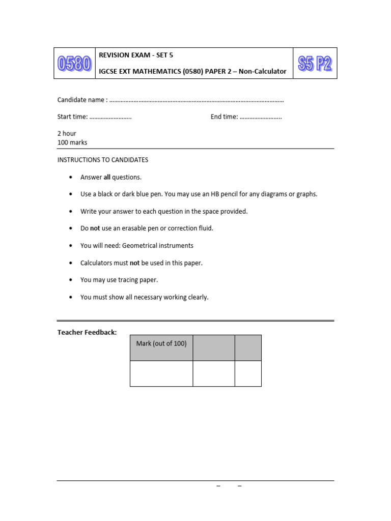 GR 10 IGCSE Ext Math Revision Exam Set 5 - P2 | PDF