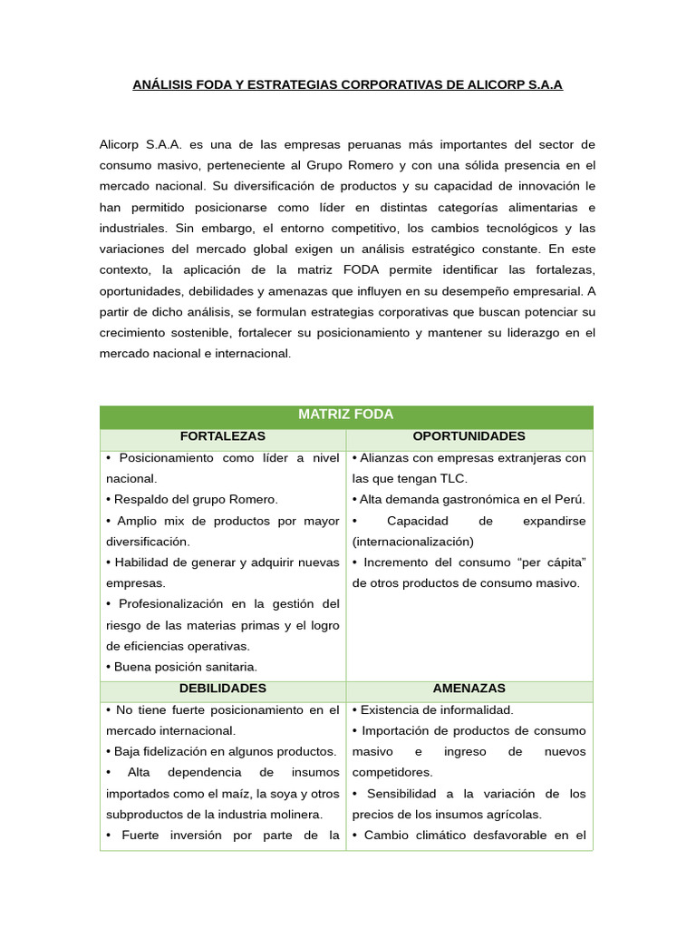 FODA y Estrategias de Alicorp S.A.A. | PDF | Análisis FODA | Negocios ...