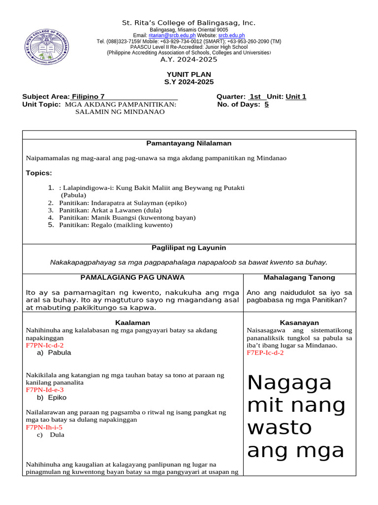 Yunit Plan Filipino 7 | PDF