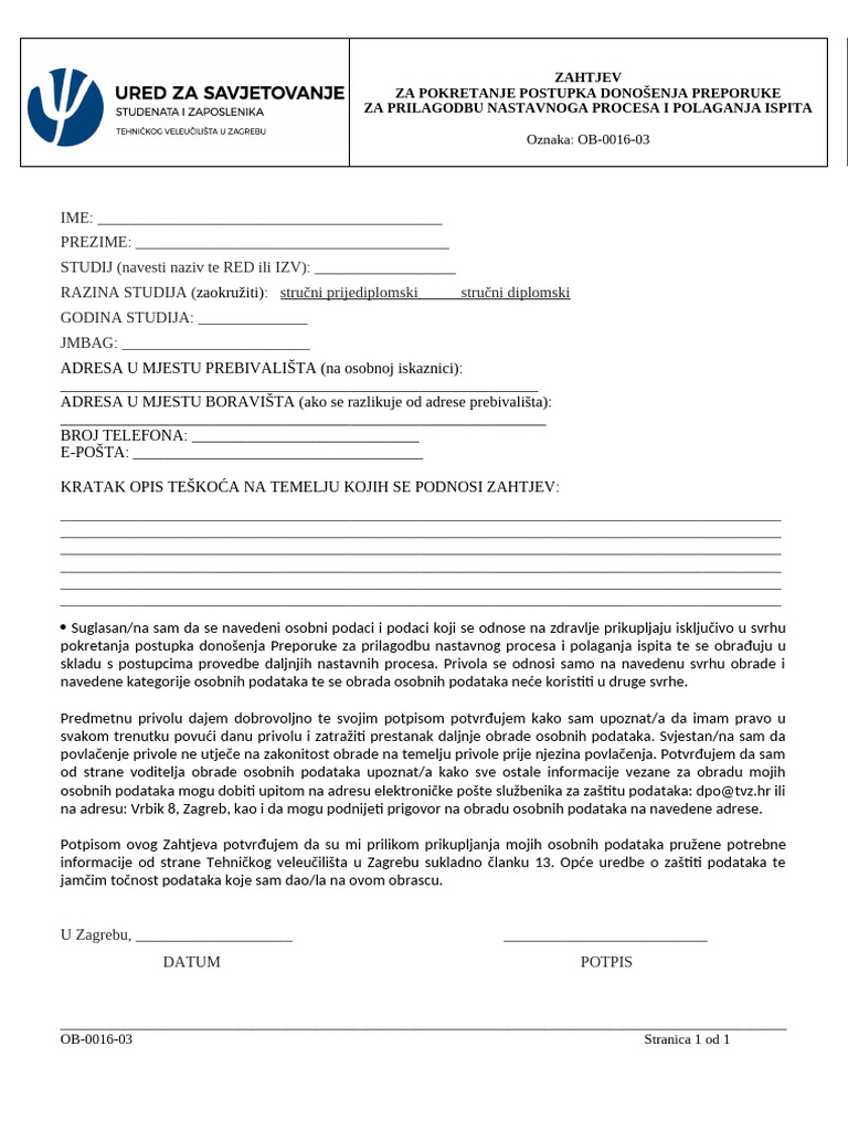 OB 0016 03 Zahtjev Za Pokretanje Postupka Donosenja Preporuke | PDF
