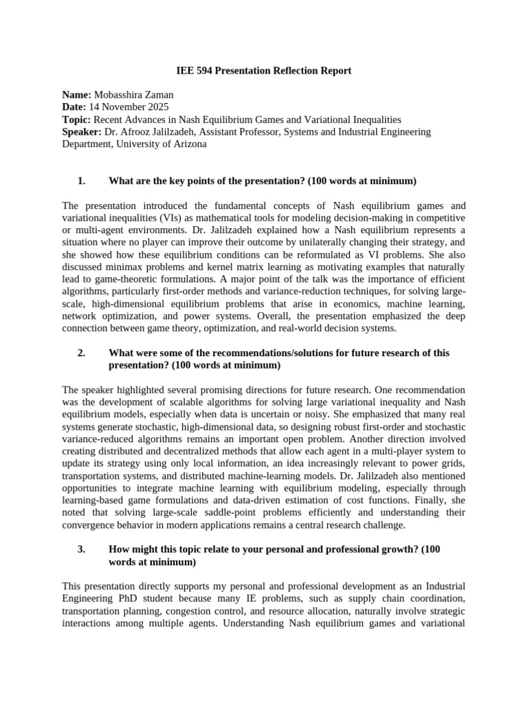 IEE594 Presentation Reflection Report(2) | PDF | Mathematical ...