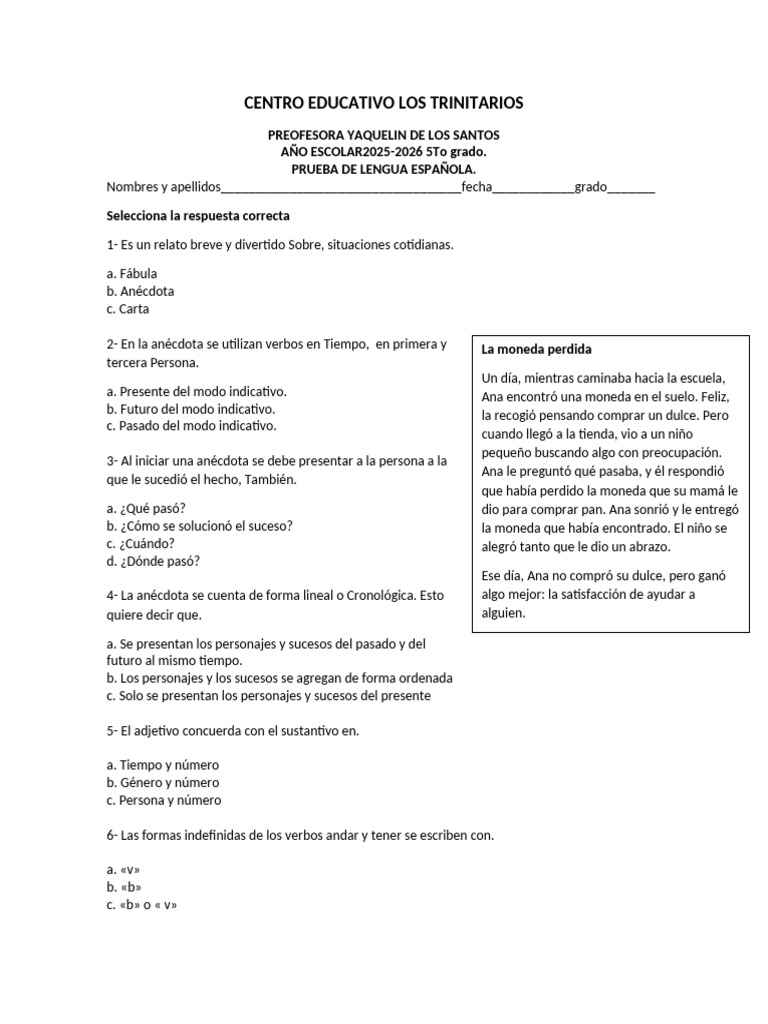 Prueba de Lengua Española 5to Grado | PDF