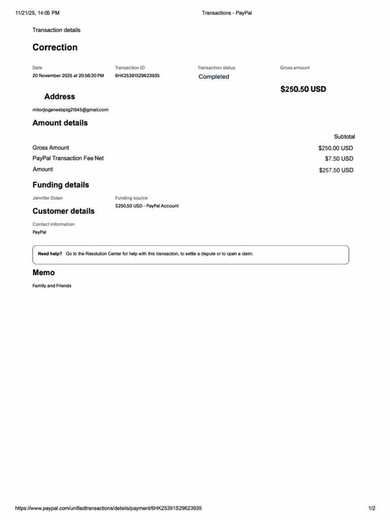 PayPal Transaction Summary for 11/20/25 | PDF