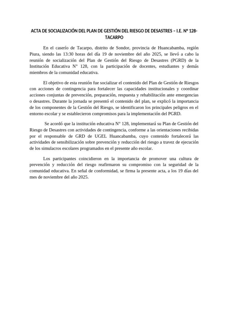 Socialización del PGRD en I.E. N° 128 Tacarpo | PDF